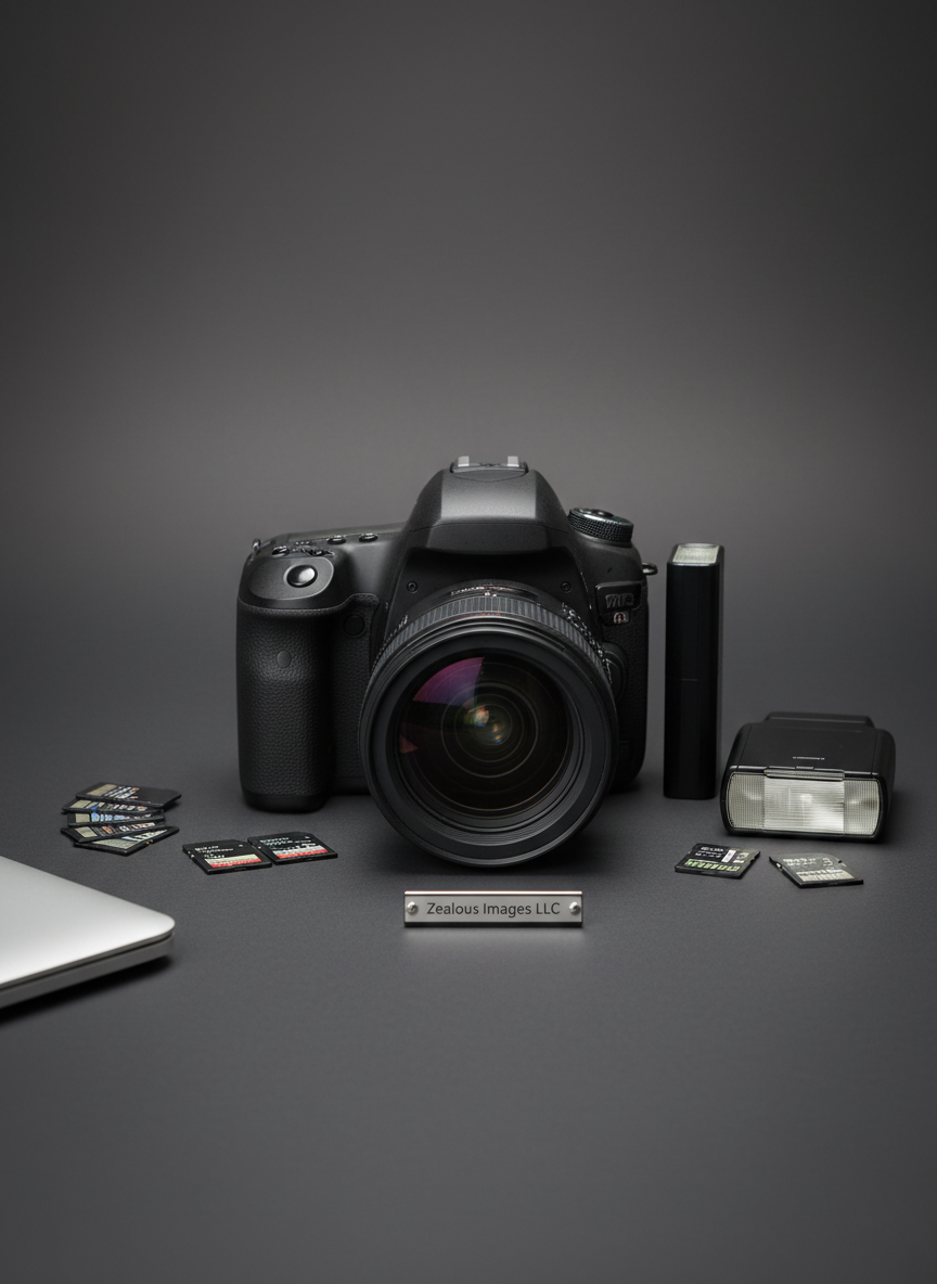 A high-end professional DSLR camera body with a matte black magnesium-alloy finish and a fast 24–70mm lens attached, resting on a seamless charcoal-grey backdrop. The lens glass shows a subtle multicolored coating, reflecting faint studio lights. Around the camera, neatly arranged memory cards, a sleek external flash, and a minimalist silver laptop partially visible at the frame edge. Soft, diffused studio lighting from both sides creates gentle highlights along the camera’s contours and a delicate gradient on the background. Shot at eye level with a shallow depth of field that keeps the camera in crisp focus while the peripherals blur slightly. The mood is refined, modern, and professional, emphasizing photographic realism and the precision tools behind Zealous Images LLC.