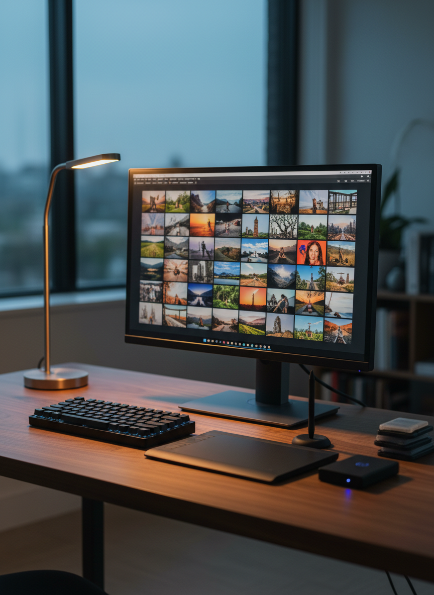 A meticulously organized photography workstation featuring a large, color-calibrated monitor displaying a vibrant image grid of thumbnails, surrounded by a compact black keyboard, a precise editing tablet with stylus, and an external hard drive with a discreet LED glow. The desk surface is smooth walnut wood, free of clutter, with a single modern desk lamp casting warm, directional light onto the workspace. A subtle cool ambient light from a window in the background balances the scene. Shot from a slightly elevated angle with moderate depth of field, the monitor and tablet in sharp focus while the background softly fades. The mood is focused and professional, evoking careful image curation and post-production excellence in a clean, photographic realism style.
