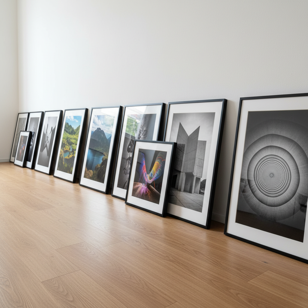 An array of framed photographic prints leaning against a clean white gallery wall, each frame a slim black metal with non-reflective glass, showcasing landscapes, architecture, and abstract details in vivid color and rich monochrome. The prints rest on a smooth light-oak floor with natural grain. Soft, diffused daylight enters from an unseen window to the left, casting gentle, elongated shadows behind the frames and subtle reflections along the floor. Captured from a low, three-quarter angle, the composition uses leading lines of frames receding into the distance, with sharp focus throughout. The atmosphere feels curated, calm, and sophisticated, conveying a professional studio’s finished work in a photographic realism style suitable for a portfolio or services page.
