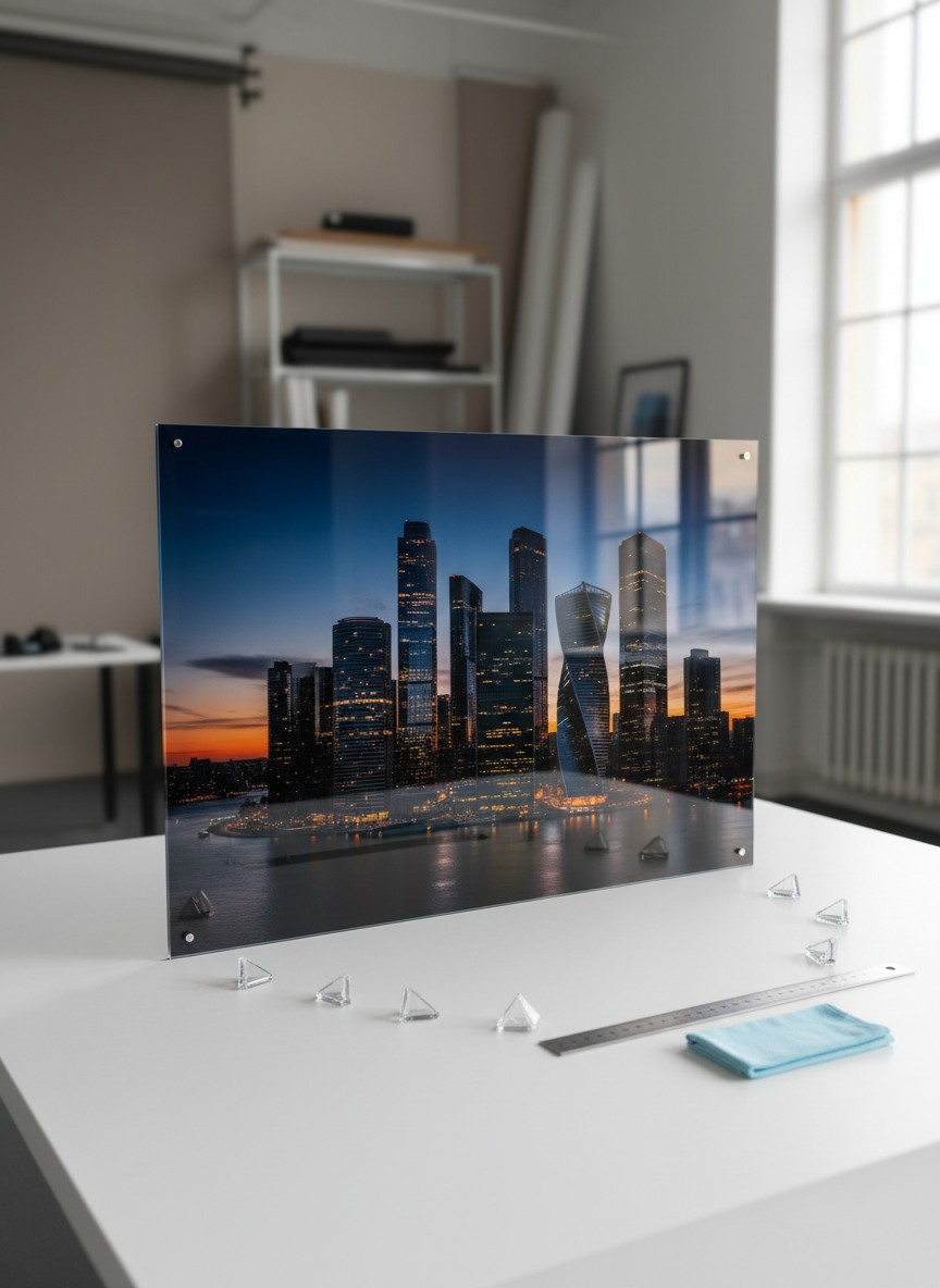 A glossy, oversized print of a dramatic cityscape at twilight mounted on a frameless acrylic panel, placed on a pristine white presentation table in a studio space. The print’s surface catches soft, directional light from a large window to the right, revealing deep contrast, saturated colors, and crisp detail. Around the print, neatly arranged corner protectors, a precision metal ruler, and a microfiber cloth suggest meticulous handling. The background fades into a subtle blur of neutral-toned studio walls and shelving. Shot from a slightly elevated three-quarter angle with a moderate depth of field, the composition centers the print while accessories form a gentle arc around it. The mood is polished and aspirational, emphasizing premium deliverables in a clean, photographic realism style.