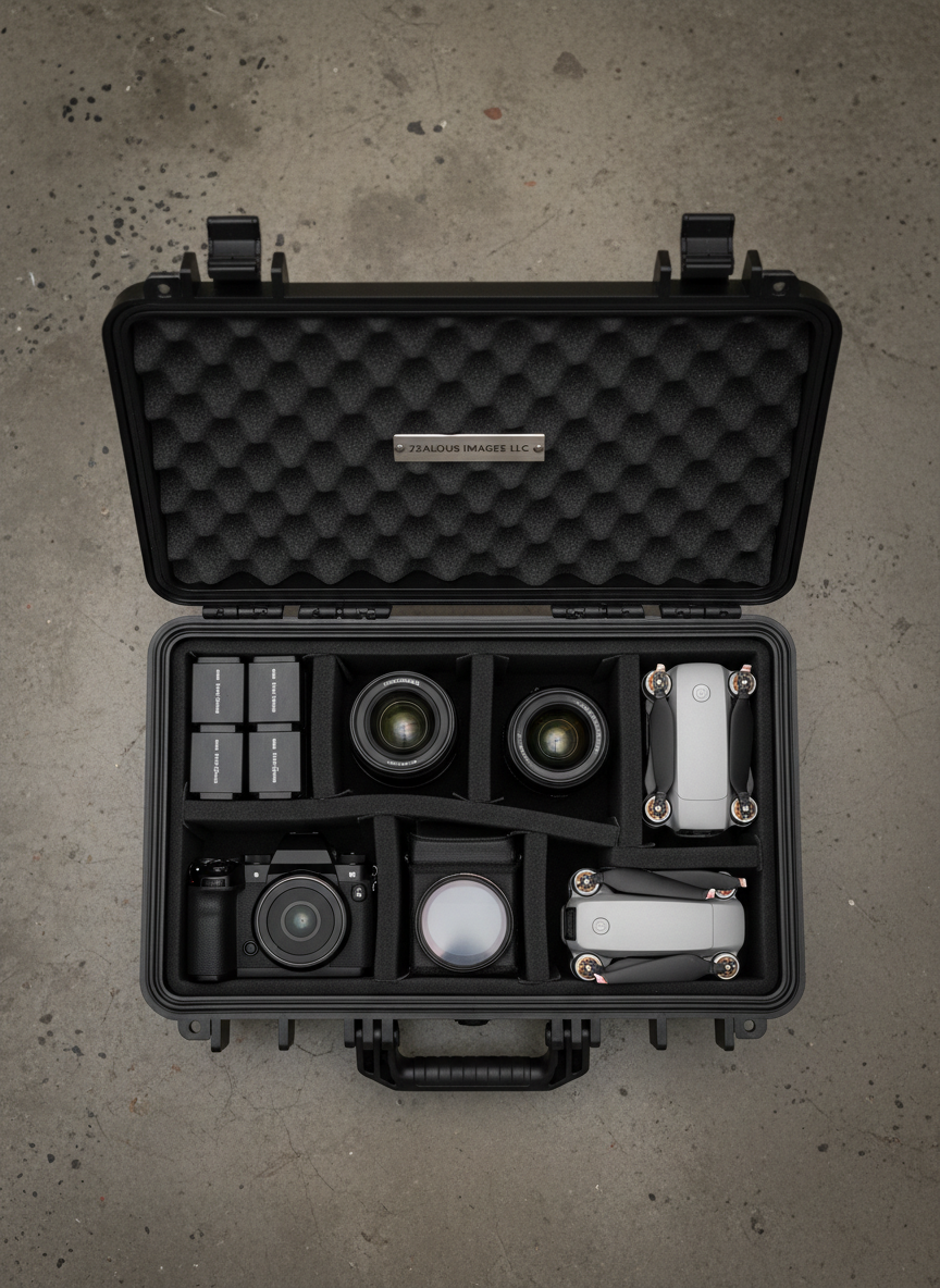 A sleek black hard-shell camera case opened on a textured concrete studio floor, compartments lined with dark charcoal foam precisely cut to cradle multiple lenses, a mirrorless camera body, battery packs, filters, and a compact drone. Each item is meticulously positioned, showcasing the breadth of professional gear. Overhead, a softbox provides diffused top lighting, creating subtle shadows within the foam cutouts and a gentle sheen on metal and glass surfaces. Captured from a directly overhead, flat-lay perspective with sharp focus across the frame, the image highlights readiness and versatility. The atmosphere feels methodical and dependable, reflecting the comprehensive capabilities of Zealous Images LLC in a polished, photographic realism aesthetic.